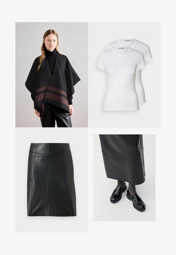 Anna Field Skraistė - dark brown/camel; Du du baltos medvilnės trumpomis rankovėmis marškiniai, su apvaliu iškirpimu ir prigludusia siluetu, turintys lygią tekstūrą ir minimalistinį dizainą.; Juodas odinis sijonas su prigludusia forma. Sklandžiai tekstūra, siūlės apibrėžiančios formą ir tiesus apvadas. Minimalistiškas ir elegantiškas išvaizda.; Juodos odinės loafer bateliai su glotniu paviršiumi, dekoratyvine juostele, apvalia nosimi ir tekstūruotu padu. Dėvimi su ilga juoda odine sijonu.