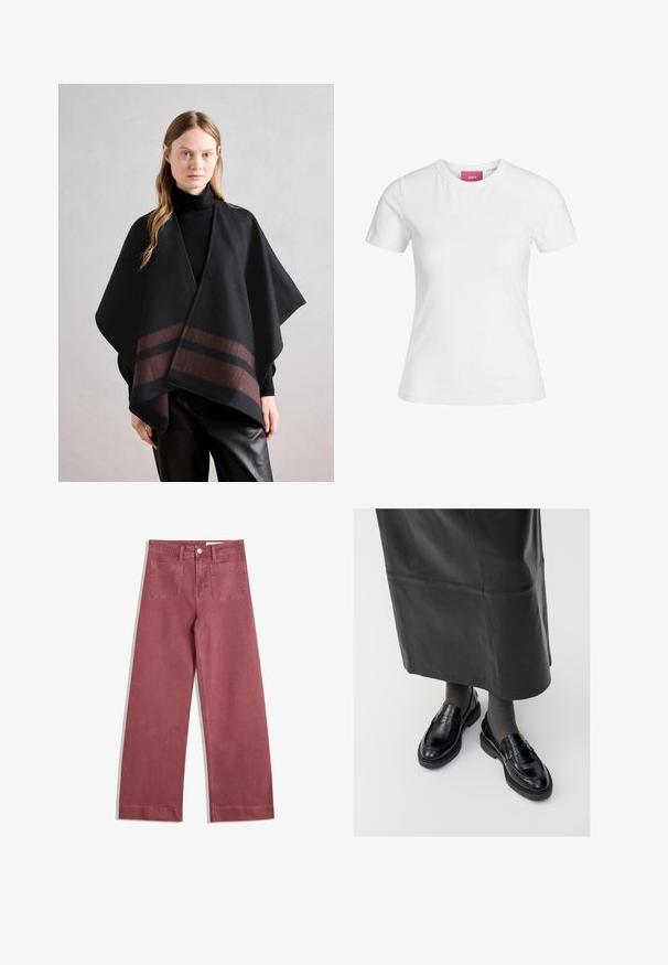 Anna Field Cape - dark brown/camel; T-shirt en coton blanc à manches courtes et encolure ronde. Présente une étiquette rose sur le col intérieur. Texture lisse.; Pantalons larges dans une couleur rose atténuée. Fabriqués en tissu robuste, dotés de deux poches arrière, d'une fermeture à bouton et de passants de ceinture.; Mocassins en cuir noir avec une finition lisse, ornés d'une bande décorative, à bout rond et avec une semelle texturée. Portés avec une longue jupe en cuir noir.