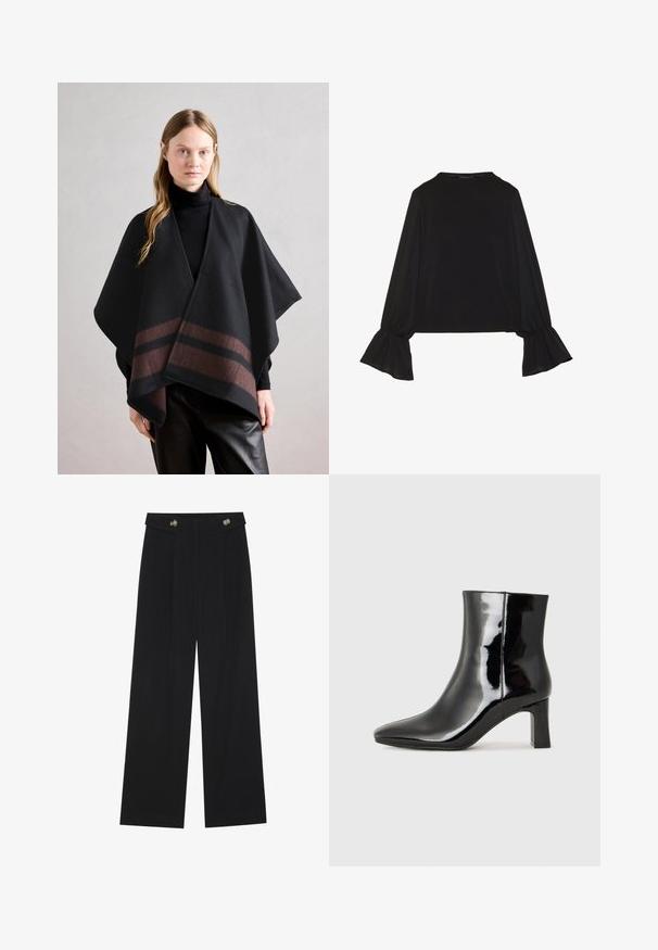 Anna Field Cape - dark brown/camel; Top noir à manches longues avec des poignets évasés, texture douce et coupe décontractée, doté d'un col rond simple.; Pantalons larges noirs à taille haute, avec des détails de boutons à la taille et des plis sur le devant.; Bottines en cuir verni noir avec un bout pointu et un talon block de hauteur moyenne. Texture lisse et design minimaliste.