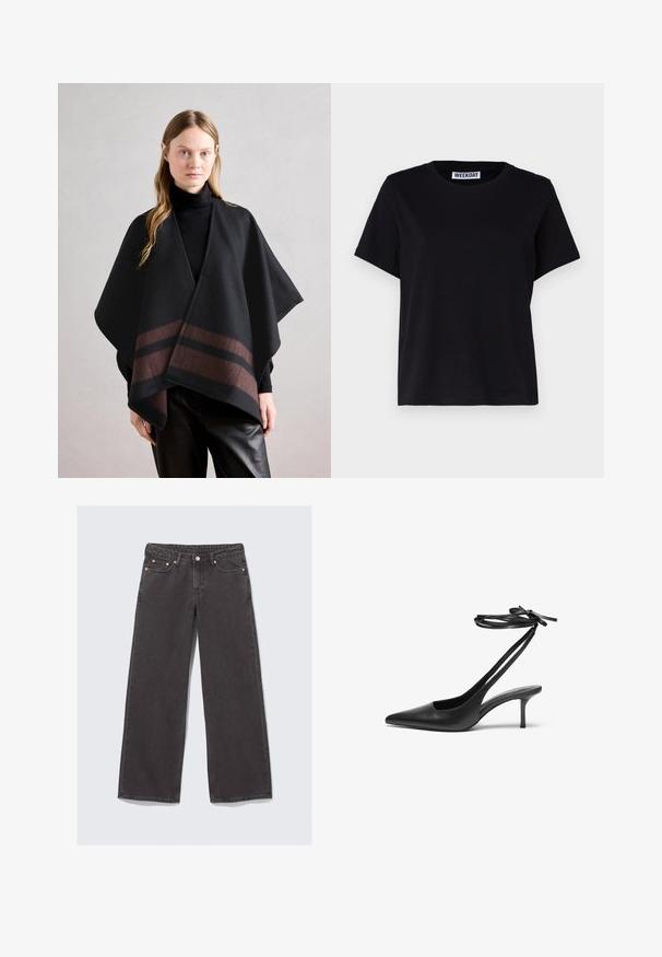 Anna Field Poncho - dark brown/camel; Tricou negru cu mânecă scurtă, fabricat din bumbac. Are un guler tip crew și o croială lejeră. Eticheta de la guler spune „WEEKDAY”.; Jeans cu picioare largi, fabricate din denim gri închis. Caracteristicile includ talie înaltă, accesorii din cupru și design clasic cu cinci buzunare.; Pantof de stiletto din piele neagră, cu vârf ascuțit, spate deschis și curele pentru gleznă legate în fundă. Toc subțire de 3 inci. Textură netedă, design minimalist.