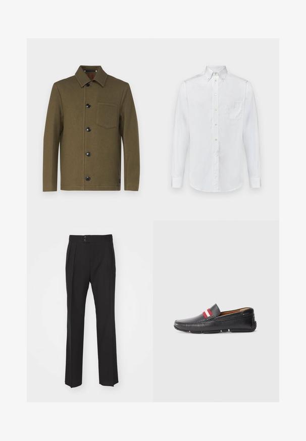 PS Paul Smith JACKET - Giubbotto Bomber - khaki; Camicia bianca a maniche lunghe in cotone, con colletto a punta, una tasca sul petto e una texture liscia.; Pantaloni neri su misura con design a gamba dritta, due tasche anteriori e chiusura a doppio bottone in vita. Tessuto dalla finitura liscia.; Scarpa nera in pelle slip-on con superficie testurizzata, accento a righe rosse e bianche sulla parte superiore, punta rotonda e suola in gomma.