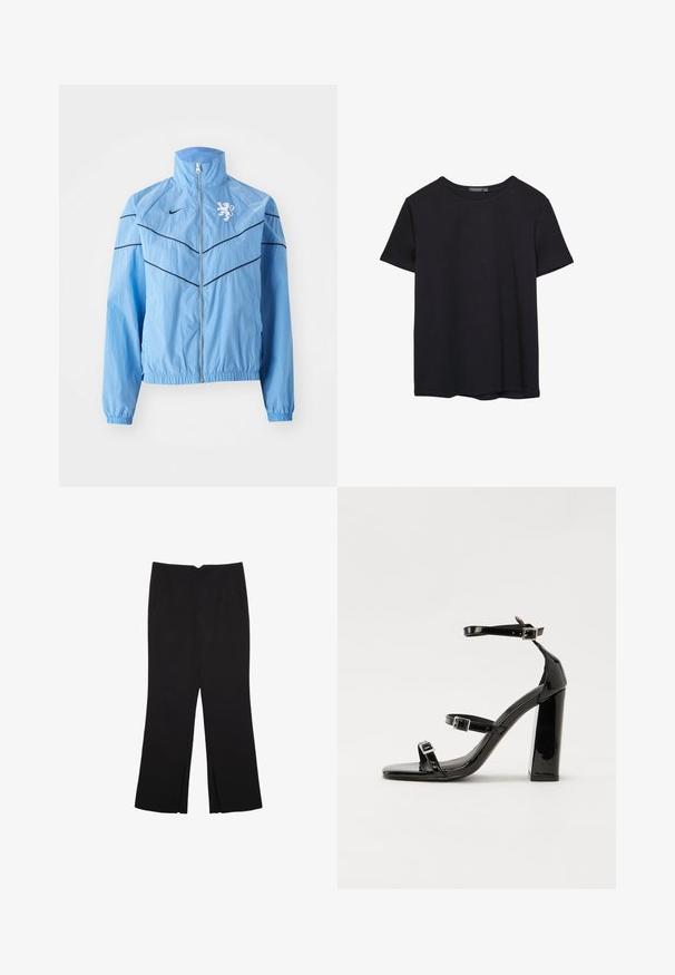 Giacca a vento azzurro chiaro con colletto alto, chiusura con zip, linee nere di accento e logo di un leone bianco sul petto. Polsini elasticizzati.; T-shirt nera in cotone a maniche corte con collo a giro, esposta su uno sfondo bianco.; Pantaloni neri a gamba dritta, con tasche frontali e spacchi laterali all'orlo. Realizzati in tessuto morbido e liscio. Adatti a diverse occasioni.; Sandali con tacco in vernice nera, con punta squadrata, cinturini alla caviglia e fibbie in argento. Presentano un tacco a blocco spesso per maggiore stabilità.