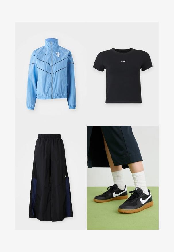 Veste coupe-vent bleu clair avec col montant, fermeture éclair, lignes d'accent noir et logo de lion blanc sur la poitrine. Manches élastiques.; T-shirt noir à manches courtes en coton avec un col rond. Présente un logo Nike blanc sur la poitrine, un design minimaliste et une coupe ajustée.; Pantalons larges noirs en tissu léger, avec un panneau latéral bleu marine et une taille élastique. Petit logo blanc en bas.; Baskets noires en cuir et synthétique avec le swoosh blanc de Nike, semelle en caoutchouc, bout rond et lacets noirs. Chaussettes blanches côtelées visibles.