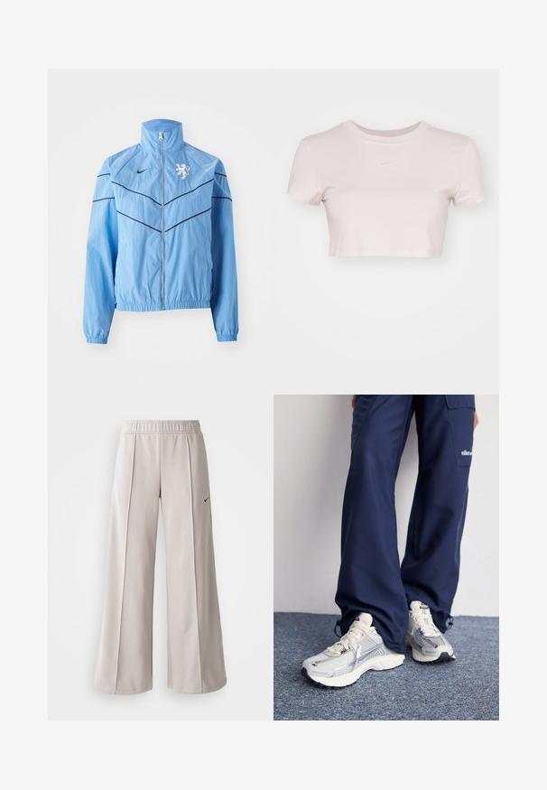 Chaqueta cortavientos de color azul claro con cuello alto, cierre de cremallera, líneas de acento negras y un logo de león blanco en el pecho. Puños elásticos.; Camiseta corta en rosa claro, hecha de tejido suave. Presenta un cuello redondo y mangas cortas con un pequeño logo blanco de Nike en el pecho.; Pantalones de pierna ancha en gris claro, confeccionados con una tela suave. Presentan una cinturilla elástica y el logotipo negro de Nike en el lado izquierdo.; Zapatillas deportivas Nike con parte superior de malla plateada, acentos blancos y suelas texturizadas, combinadas con pantalones azul marino de corte holgado.