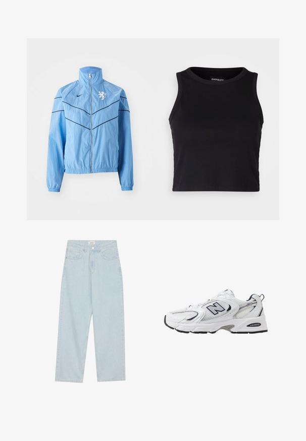 Hea sinine tuulejakk kõrge kraega, lukuga kinnitamine, mustad aktsentjooned ja valge lõvi logo rinna peal. Elastsed mansetid.; Mustard ribaga lõhikuga crop top, millel on ümar kaelus ja ilma varrukateta disain. Valmistatud pehmest ja venivast kangast, millel on puhtad äärised.; Heledad helesinine laiemate säärega teksapüksid, mis on valmistatud denimist, sisaldavad keskelt kõrge vöökoha, viit taskut ning nööbiga kinnitamist õhuke metallaccent.; Valge sportlik king, millel on võrgust ülasäär, tumesinised aktsendid ja pehme tallan. Omab "N" logo, paelu ja tekstuurset detaili külje peal.