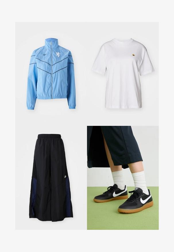 Svetlomodrá vetrovka s vysokým golierom, zipsovým uzáverom, čiernymi akcentmi a bielym logom leva na hrudi. Elastické manžety.; Biely bavlnený tričko s voľným strihom, krátkymi rukávmi a malým vyšitým logom na ľavej strane hrude.; Čierne voľné nohavice vyrobené z ľahkého materiálu, s námorníckym modrým postranným panelom a elastickým pásom. Malé biele logo na spodnej časti.; Čierne kožené a syntetické tenisky so bielym logom Nike, gumenou podrážkou, okrúhlou špičkou a čiernymi šnúrkami. Viditeľné biele pruhované ponožky.