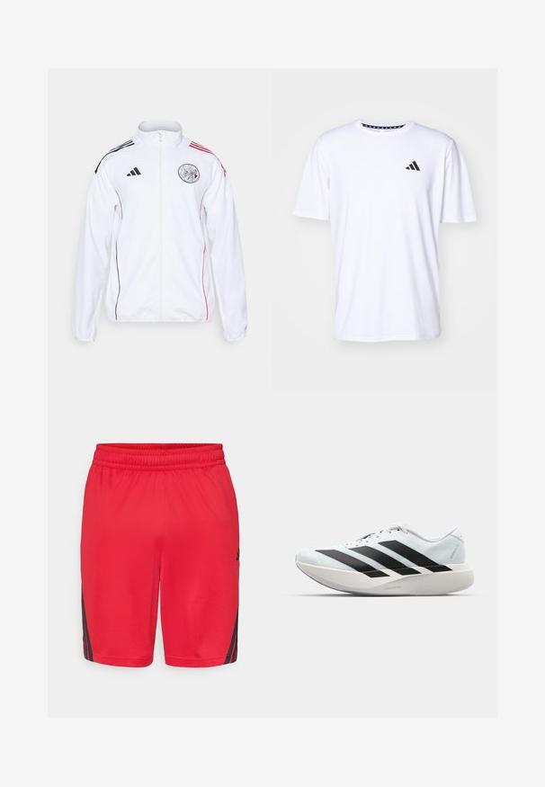 Λευκή αθλητική ζακέτα με μαύρες και κόκκινες λεπτομέρειες. Διαθέτει πλήρη φερμουάρ, ψηλό κολάρο και ρίγες στους ώμους. Ορατή λεπτομέρεια λογότυπου στο μπροστινό μέρος.; Λευκό κοντομάνικο μπλουζάκι από ύφασμα με λεία υφή. Διαθέτει λογότυπο adidas σε μαύρο χρώμα στο αριστερό στήθος και σχέδιο στον γιακά.; Κόκκινες αθλητικές βερμούδες με ελαστική μέση και μαύρες ρίγες Adidas στα πλάγια σε λευκό φόντο.; Ελαφριά αθλητικά παπούτσια τρεξίματος σε ανοιχτό μπλε με μαύρες ρίγες. Διαθέτουν λείο άνω μέρος, στρογγυλή μύτη και παχύ λευκό ενδιάμεσο πέλμα που φέρει την ετικέτα "LIGHTSTRIKE PRO."