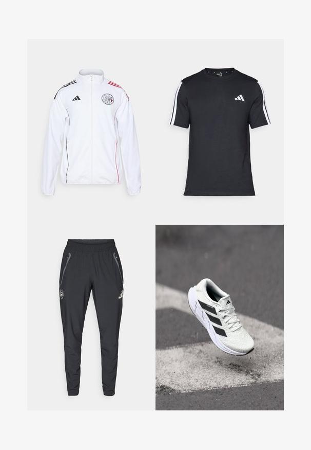 Fehér sportdzseki fekete és vörös kiegészítőkkel. Teljesen cipzáras, magas gallérral és vállcsíkokkal rendelkezik. Az elején látható a logó részlet.; Fekete, rövid ujjú pamut póló, fehér csíkokkal a vállain és fehér logóval a bal mellkason.; adidas Performance ARSENAL FC TIRO25 COMPETITION VIS TECH TRAVEL PANT - Klubruházat - black; Fehér sportcipő texturált hálós felsőrésszel, fekete csíkokkal, fűzős záródással és párnázott talppal, egy megjelölt útfelület felett lebeg.