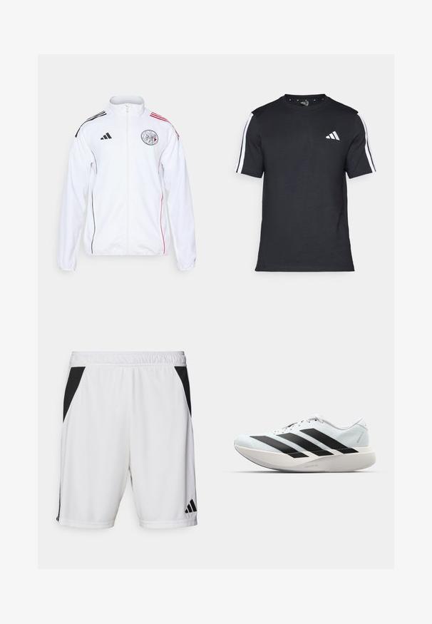 Casaco desportivo branco com acentos em preto e vermelho. Apresenta fecho total, colarinho alto e riscas nos ombros. Detalhe do logótipo visível na frente.; T-shirt preto feito de algodão, com mangas curtas, apresentando riscas brancas nos ombros e um logótipo branco no lado esquerdo do peito.; Sérgio de desporto brancos com um painel lateral preto, cintura elástica e logótipo da Adidas na parte inferior da perna direita. Feitos de um tecido leve.; Tênis de corrida leves em azul pálido com riscas pretas. Apresentam um cabedal liso, bico redondo e uma entressola espessa branca rotulada como "LIGHTSTRIKE PRO."