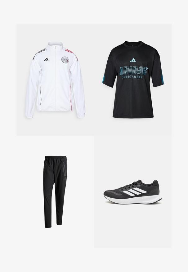 Jachetă sportivă albă cu accente negre și roșii. Dispune de fermoar complet, guler înalt și dungi pe umeri. Detaliu logo vizibil pe față.; Cămașă sport de la Adidas, neagră, cu textură din plasă, mâneci scurte, guler rotund și detalii în albastru pentru logo și text pe față și pe mâneci.; Pantaloni atletici negri cu talie elastică, două buzunare laterale cu fermoar, picioare conice și un detaliu logo discret pe șold.; Pantof cu aspect sport de culoare neagră, cu un upper din plasă respirabilă, accente albe și o talpă amortizată. Include logo-ul cu trei dungi pe lateral.