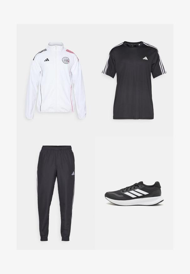 Veste de sport blanche avec des accents noirs et rouges. Elle dispose d'une fermeture éclair intégrale, d'un col haut et de bandes aux épaules. Détail du logo à l'avant visible.; T-shirt noir à manches courtes avec un design à trois bandes blanches sur les épaules et un logo sur la poitrine. Fabriqué en tissu respirant, texture lisse.; Pantalons de sport noirs avec une taille élastique, présentant des rayures blanches sur les côtés et un petit logo sur la hanche. Texture lisse.; Baskets de sport noires avec tige en mesh respirant, accents blancs et semelle rembourrée. Présente le logo à trois bandes sur le côté.