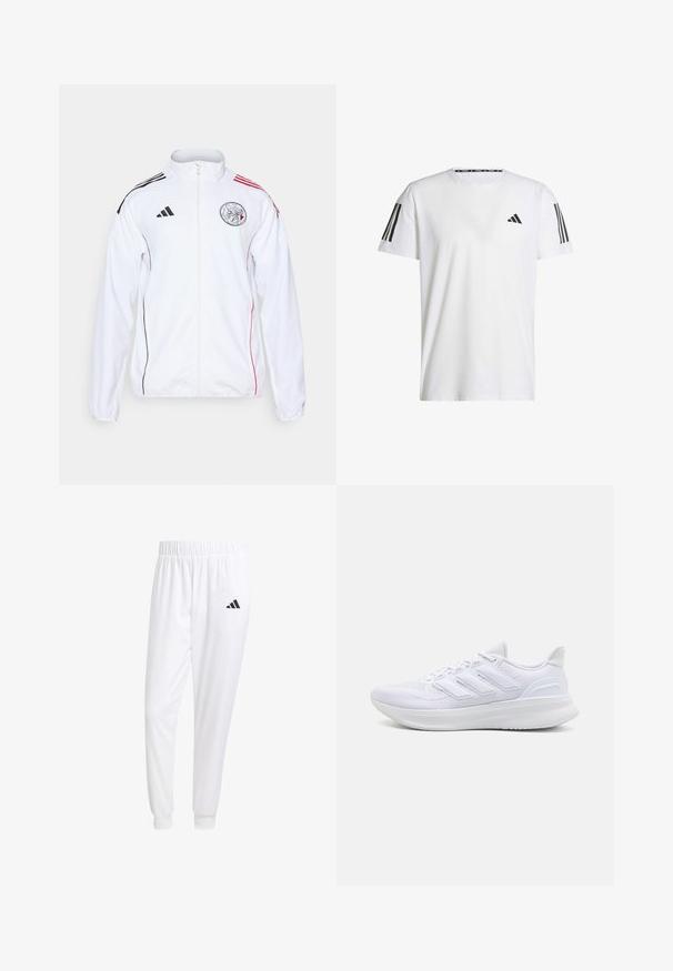 Giacca sportiva bianca con accenti neri e rossi. Caratterizzata da zip completa, colletto alto e strisce sulle spalle. Dettaglio del logo visibile sulla parte anteriore.; T-shirt bianco a maniche corte realizzato in tessuto traspirante, con un logo triangolare nero e tre strisce nere su ciascun spalla.; Pantaloni sportivi bianchi realizzati in tessuto liscio, con una vita elasticizzata e polsini aderenti, dotati di un logo nero sulla tasca posteriore.; Scarpe sportive bianche con tomaia in mesh texturato, suola ammortizzata e supportiva, e design a tre strisce sul lato.