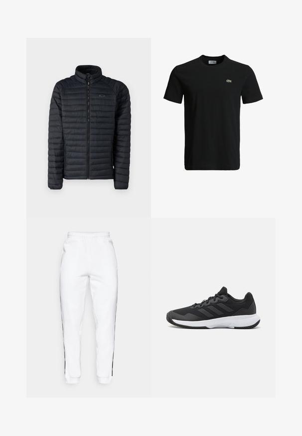 Czarna kurtka puchowa z poziomym pikowaniem, wysoki kołnierz, pełny zamek błyskawiczny i kieszenie boczne. Posiada subtelne logo na klatce piersiowej.; Czarny bawełniany t-shirt z okrągłym dekoltem, krótkimi rękawami i małym zielonym logo krokodyla po lewej stronie klatki piersiowej. Gładka tekstura, casualowy design.; Białe spodnie dresowe z elastycznym paskiem, z czarnymi paskami bocznymi i mankietami. Wykonane z miękkiego materiału o gładkiej teksturze.; Czarne buty sportowe z teksturowaną cholewką, trzema poziomymi paskami i białą podeszwą z wzorzystym bieżnikiem. Lekka i aerodynamiczna konstrukcja.