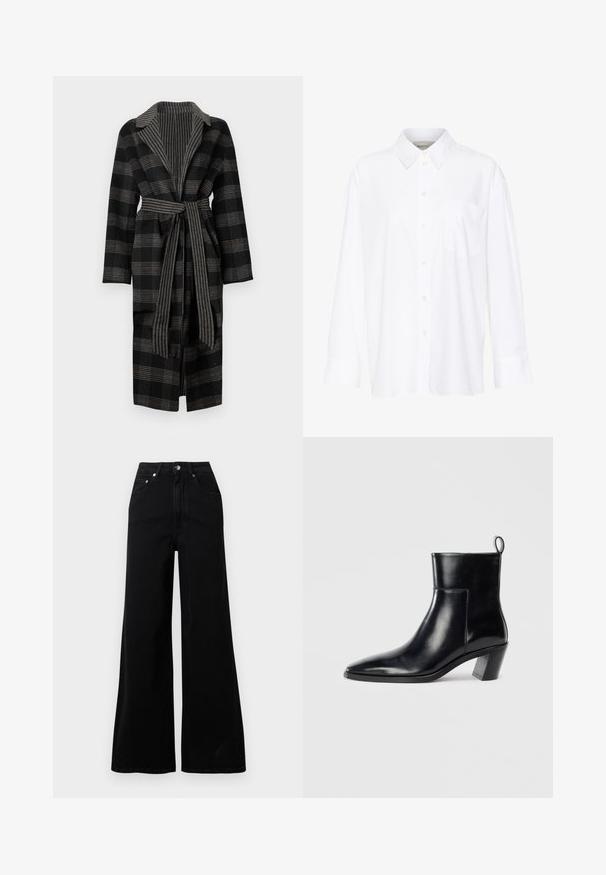 Black and grey plaid long coat with a wide collar, matching belt, and textured lining. Features long sleeves and a relaxed fit.; White long-sleeve collared shirt made of cotton. Features a button-down front and a single chest pocket. Smooth texture, relaxed fit.; Black wide-leg jeans made from denim, featuring a high waist, five pockets, front button closure, and minimal stitching details.; Black leather ankle boot with a pointed toe, a geometric stacked heel, and a pull tab at the back. Smooth texture and sleek design.