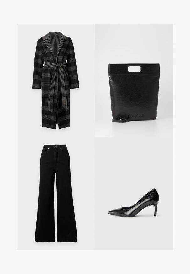 Cappotto lungo a quadri nero e grigio con ampio colletto, cintura abbinata e fodera testurizzata. Presenta maniche lunghe e una vestibilità comoda.; Camicia bianca a maniche lunghe con colletto in cotone. Caratterizzata da una chiusura con bottoni e una tasca sul petto singola. Tessuto liscio, vestibilità comoda.; Jeans neri a gamba larga realizzati in denim, con vita alta, cinque tasche, chiusura frontale con bottoni e dettagli di cuciture minimaliste.; Décolleté nere con punta affusolata, finitura lucida e un sottile motivo testurizzato. Presentano un tacco moderato e un design con apertura sulla parte superiore.; Borsa tote in pelle nera con manico quadrato, caratterizzata da una finitura testurizzata e logo impresso. Include una tracolla rimovibile.