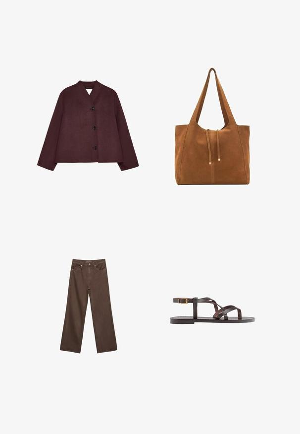 Maronfarvet jakke med et cropped design, brede ærmer og en dyb V-udskæring. Har fire sorte knapper fortil og tekstureret stof.; Creme sweater med brune vandrette striber, med rund halsudskæring, cropped nederste kant og ribbede manchetter. Blødt strikket materiale.; Bredde ben brun denim jeans med høj talje, forlommer og klassisk knaplukning. Glat tekstur med diskret syninger.; Brune lædersandal med krydsende stropper, ankelspænde og en flad sål med minimale syninger.; Brun ruskinds-tote med to lange stropper, snørelukning og minimalistisk design. Glat tekstur og ingen synlige hardware-detaljer.