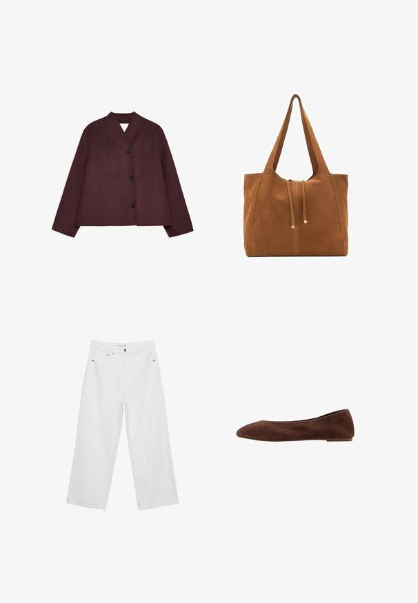 Punainen takki, jossa on lyhennetty muotoilu, leveät hihat ja syvä V-pääntie. Edessä on neljä mustaa nappia ja teksturoitu kangas.; Meriharmaa neulepaita, jossa on pyöreä kaula-aukko, pitkät hihat ja ribbireunukset hihansuissa ja helmassa. Pehmeä rakenne, rento malli, minimalistinen muotoilu.; Valkoiset leveälahkeiset farkut, joissa on korkea vyötärö. Tämä malli sisältää viisi taskua ja metallisia yksityiskohtia. Kankaan pinta on sileä, ilman näkyviä kuvioita.; Ruskeat mokkanahka ballet-kengät, joissa on terävä kärki, tasapohja ja sileä pinta. Tyylikäs muotoilu ilman näkyvää metalliosaa tai koristeita.; Ruskea nubuk-olkalaukku, jossa on kaksi pitkää hihnaa, naru- ja minimalinen sulkemismekanismi. Tasainen pinta ja ei näkyviä metalliosia.