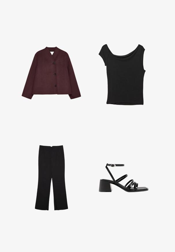 Burgundska jakna s krojenjem do bokov, širokimi rokavi in globokim V-izrezom. Ima štiri črne gumbe spredaj in teksturirano tkanino.; Črna kratka majica s kratkimi rokavi iz gladkega blaga; ima drapiran izrez in asimetrično spodnjo rob, s prilegnjenim telesom.; Črne hlače ravnega kroja z naglavnimi žepi in stranskimi razporki na robu. Narejene iz mehke, gladke tkanine. Primerne za različne priložnosti.; Črne usnjene sandale s peto z več tankimi trakovi in zaponko okoli gležnja. Štirikotni nožnik in blok peta, ki se ponaša s gladko teksturo.