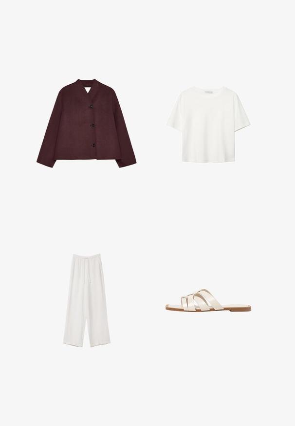 Punainen takki, jossa on lyhennetty muotoilu, leveät hihat ja syvä V-pääntie. Edessä on neljä mustaa nappia ja teksturoitu kangas.; Valkoinen lyhythihainen T-paita, joka on tehty puuvillasta. Siinä on pyöreä kaula-aukko ja rento malli. Silkkinen pinta ilman näkyviä kuvioita tai koristeita.; Valkoiset leveälahkeiset housut kevyestä kankaasta. Ominaisuuksiin kuuluu elastinen vyötärö, jossa on nauhakuuluma ja sivutaskut. Sileä rakenne.; Tason vaaleanruskealla kumipohjalla, jossa on kolme päällekkäistä valkoista nahkaremmiä ja pieni satiininen rusetti keskellä.
