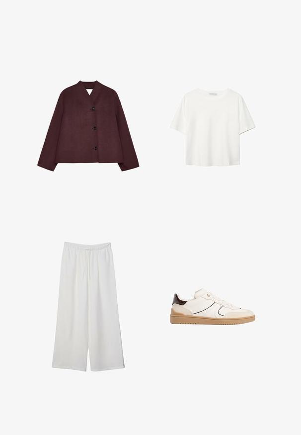 Giacca bordeaux con un design accorciato, maniche larghe e scollatura a V profonda. Presenta quattro bottoni neri sul davanti e un tessuto testurizzato.; T-shirt bianco a maniche corte realizzato in cotone. Presenta un collo tondo e una vestibilità rilassata. Texture liscia senza motivi o dettagli visibili.; Pantaloni bianchi a gamba larga realizzati in tessuto leggero, dotati di una vita elastica e di un cordino per una vestibilità regolabile. Texture liscia.; Stradivarius Sneakers basse - white