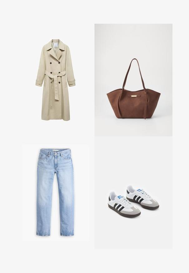 Beige Trenchcoat aus Baumwollmischung mit doppelter Knopfleiste, breiten Revers, tailliertem Gürtel und zwei seitlichen Taschen.; Cremfarbener Kabelstrickpullover mit runder Ausschnittform, langen Ärmeln und geripptem Saum. Hergestellt aus einem weichen, strukturierten Strickmaterial.; Hellblaue Jeans aus Denim mit geradem Bein, fünf Taschen und einem mittelhohen Bund. Sie verfügen über eine ausgewaschene Textur und einen gesteppten Saum.; Sportschuhe mit einem Obermaterial aus weißem Leder, grauer Wildleder-Zehenkappe und drei schwarzen Streifen. Sie verfügen über ein blaues Logo auf der Zunge und eine strukturierte Gummisohle.; Anna Field Handtasche - brown