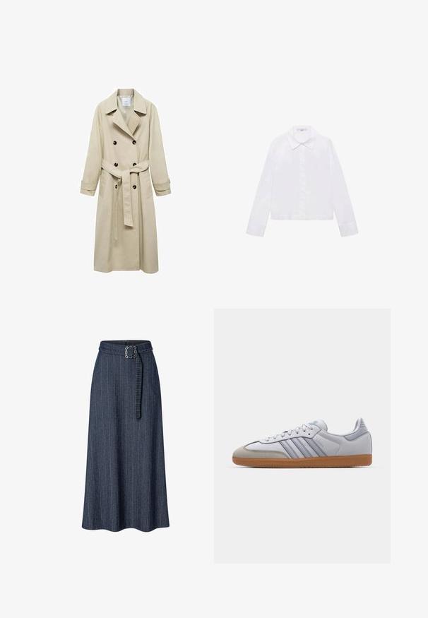Manteau trench beige en mélange de coton, avec fermeture à boutons croisés, grands revers, taille ceinturée et deux poches latérales.; Chemise blanche à manches longues avec un col classique, patte de boutonnage centrale et tissu lisse, dotée d'un ourlet légèrement court.; Jupe longue en denim bleu foncé avec des rayures verticales, dotée d'une taille ceinturée et d'une boucle métallique carrée. Texture lisse, forme évasée.; Baskets en cuir blanc avec des accents bleu clair, un bout en daim gris et une semelle en caoutchouc marron. Présente trois bandes bleues et le marquage "Samba".