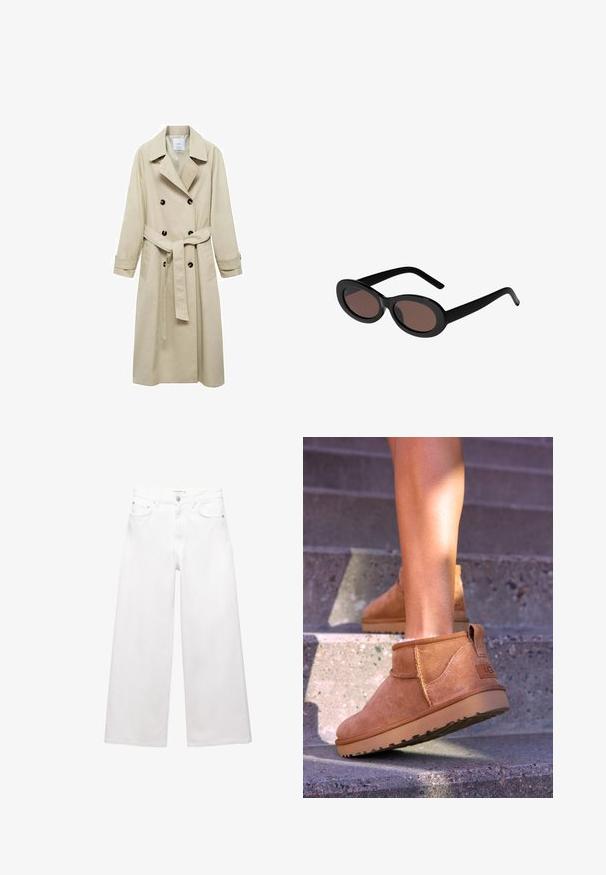 Beige Trenchcoat aus Baumwollmischung mit doppelter Knopfleiste, breiten Revers, tailliertem Gürtel und zwei seitlichen Taschen.; Kurzärmeliges Oberteil in hellgrün, aus weichem, elastischem Stoff. Verfügt über einen runden Ausschnitt und ein schlichtes Design, geeignet für die legere Freizeitkleidung.; Weiße, weit geschnittene Jeans aus Baumwolle mit hoher Taille, Fünf-Taschen-Design und Messingbeschlägen. Glatte, unbeschädigte Oberfläche.; Beige Wildleder-Ankelstiefel mit weicher Textur, gesteppten Details und einer Gummisohle, ausgestattet mit einer Schlaufe an der Ferse für einfaches An- und Ausziehen.; Schwarze ovale Sonnenbrillen mit braun getönten Gläsern. Mit dicken Kunststoffrahmen und schlanken, geschwungenen Bügeln. Glatte Oberfläche über das gesamte Design.; Braune geflochtene Lederhandtasche mit einem geflochtenen Griff, rechteckiger Form, strukturiertem Oberflächen und nahtloser Verarbeitung.