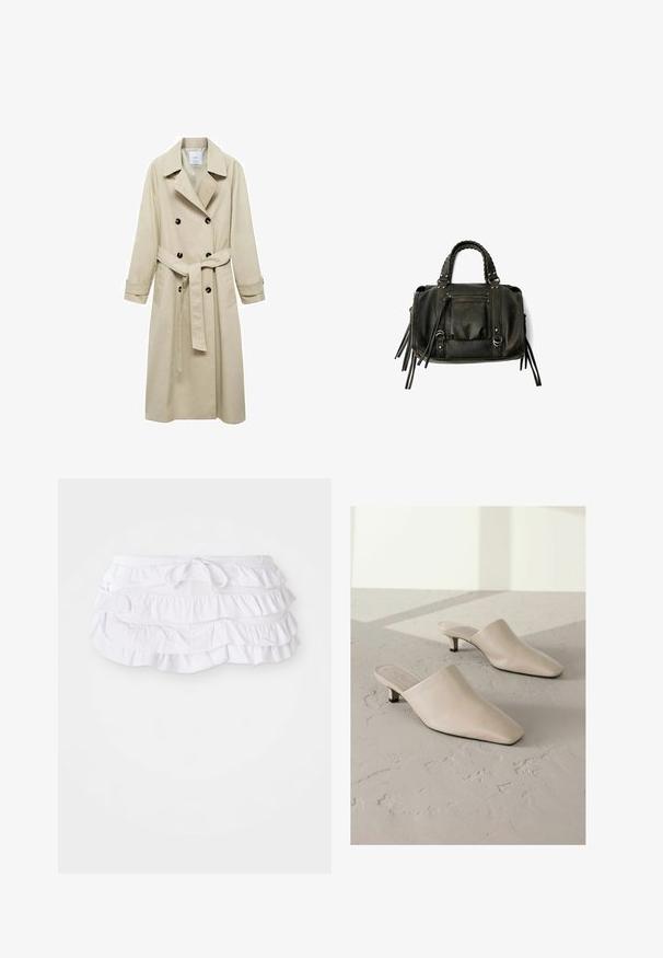 Beige trenchcoat lavet af bomuldsblanding, med dobbeltknaplukning, brede klapper, bæltestrop i taljen og to sidelommer.; Hvid bomulds tanktop med ribbet tekstur, ærmeløst design og rund halsudskæring. Har et mærke ved halsen med teksten "WEEKDAY."; Hvid rynket svømmedragt med flere lag, der har en justerbar snøre i taljen. Blødt stof med en glat tekstur.; Beige lædermules med spids tå og en lav sort hæl. Glat tekstur, slip-on design, minimalistisk silhuet, ingen synlige mønstre.; Sort læderhåndtaske med flettede håndtag, lynlåslomme og hængende frynser. Tekstureret overflade med metalnitter og hardware-accenter.