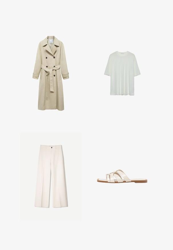 Béžový trenčkot vyrobený z bavlnenej zmesi, s dvojradovým zapínaním na gombíky, širokými klopami, opaskom v páse a dvoma bočnými vreckami.; Biele tričko s krátkym rukávom, okrúhly výstrih, jemná bavlnená zmesová tkanina, voľný strih, bezšvový lem, minimalistický dizajn bez ozdôb.; Krémové široké nohavice s nohavicami na mieru, s dvoma prednými vreckami a jedným predným zapínaním na gombík, vyrobené z hladkej tkaniny.; Ploché sandále s hnedou gumovou podrážkou, navrhnuté s tromi prekrývajúcimi sa bielymi koženými popruhmi a malou mašličkou uprostred.