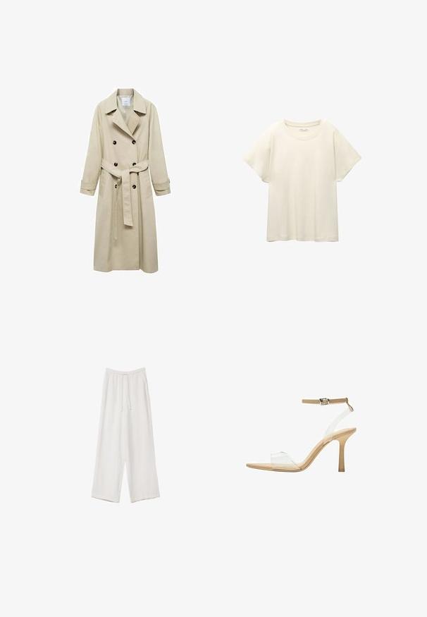 Beige trenchcoat lavet af bomuldsblanding, med dobbeltknaplukning, brede klapper, bæltestrop i taljen og to sidelommer.; Lys beige kortærmet t-shirt med rund halsudskæring, lavet af blødt, glat stof. Har en afslappet pasform og lige forneden.; Hvide bukser med bred benlængde lavet af et letvægtsstof. Har et elastisk talje med snor og sidelommer. Glat tekstur.; Klart hælet sandal med en gennemsigtig overdel, beige fodseng og en slank ankelrem. Har en spids tå og en tynd høj hæl.