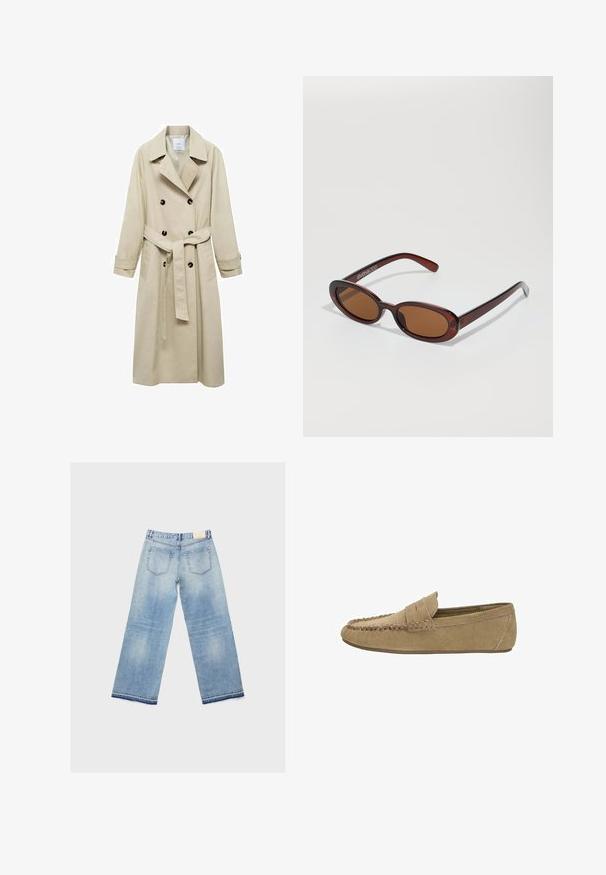 Beige trenchcoat van katoenmix, met een dubbele knoopsluiting, brede revers, een ceintuur in de taille en twee zijzakken.; Witte korte mouwen T-shirt gemaakt van katoen; heeft een ontspannen pasvorm, ronde halslijn en geen zichtbare patronen of accenten.; Lichtblauwe wijde jeans met een vervaagde uitstraling, voorzien van twee achterzakken en een gestikte zoom. Gemaakt van denim materiaal.; Lichtbruine suède herenloafer met gestikt moc-toe en pennystrap, vlakke rubberen zool, zijaanzicht op een witte achtergrond.; Ronde, bruin getinte zonnebril met een glanzend bordeauxrood frame. Slanke pootjes met subtiele merkdetails. Vlakke lensontwerp.; Bruine suède hobo tas met een slouchy vorm, voorzien van een gebogen handvat en driehoekige paneeldetails aan de voor- en achterkant.