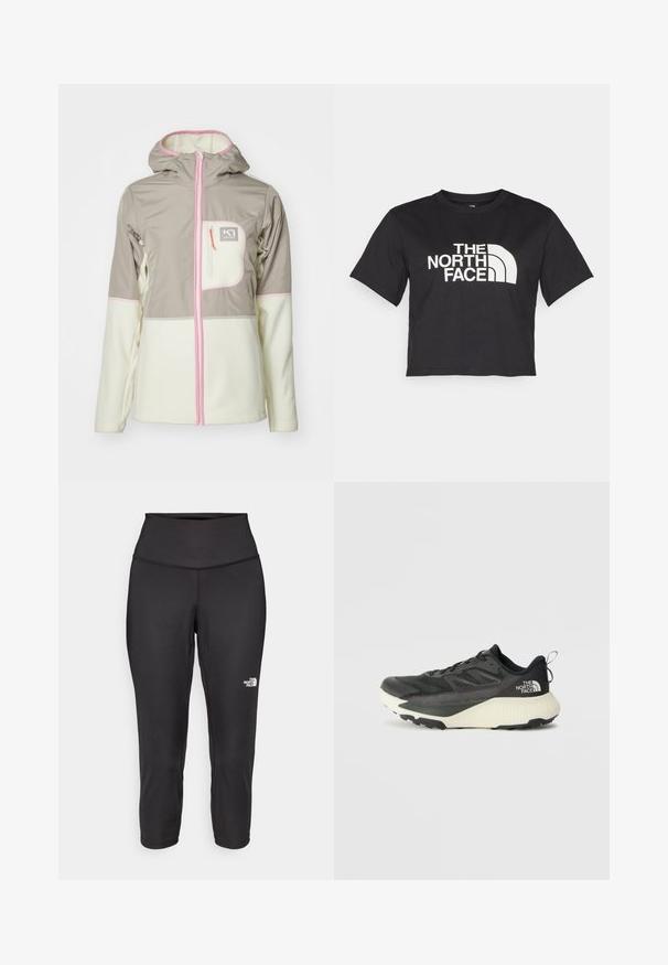 Jachetă ușoară într-o nuanță de bej și crem. Are glugă cu fermoar, buzunar pe piept, accente roz și un design bicolor cu textură moale.; Cămașă scurtă neagră din bumbac, cu un logo alb cu accente curbate și textul "THE NORTH FACE" pe față. Mâneci scurte, guler rotund.; Leggings capri negre din material elastic, cu un talie înaltă și un mic logo alb pe partea stângă. Textură netedă.; Pantofii sport negri cu un superior texturat, având accente gri și o talpă intermediară albă. Include un sistem de prindere și un logo de marcă proeminent pe călcâi.