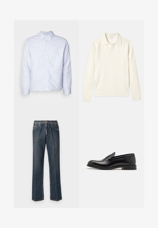 Blau-weiße gestreifte Hemdbluse, lange Ärmel, klassischer Kragen, Baumwollstoff, mit weißen Knöpfen vorne und geknöpften Ärmeln.; Cremefarbener Strickpullover mit Polo-Kragen, gerippten Bündchen und Saum, ausgestattet mit einer vorderen Knopfleiste und weicher Textur.; Tiefblaue kurzärmelige T-Shirt mit weißem Text "neanche per sogno" zentriert auf der Brust, Rundhalsausschnitt, Größe M.; Dunkelblaue, gerade Jeans aus Denim mit vorderem Knopf, Reißverschluss, doppelten vorderen Taschen und sichtbaren vertikalen Falten entlang der Beine.; Schwarze Lederloafers mit glatter Textur, rundem Zehenbereich und einem dekorativen Riemen über dem Vorderfuß. Niedriger, gestapelter Absatz, minimalistisches Design.