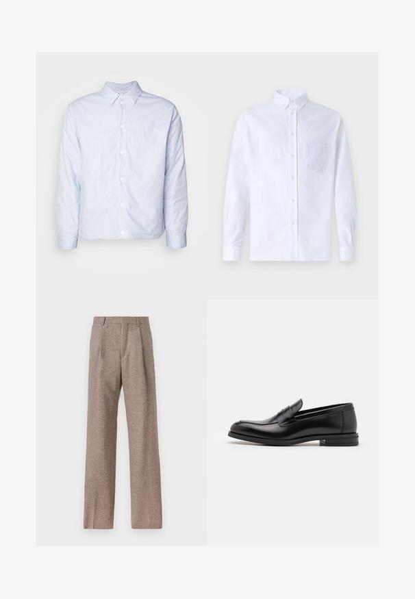 Blau-weiße gestreifte Hemdbluse, lange Ärmel, klassischer Kragen, Baumwollstoff, mit weißen Knöpfen vorne und geknöpften Ärmeln.; Weißes Langarm-Hemd mit Knöpfen aus Baumwolle, ausgestattet mit einer Brusttasche mit tonalem Stickerei, einem Kragen und Knopfmanschetten.; Braune, hochtaillierte Hose aus strukturiertem Stoff. Mit weitem Bein und zwei vorderen Bügelfalten für zusätzliche Form. Saubere Verarbeitung ohne sichtbare Hardware.; Schwarze Lederloafers mit glatter Textur, rundem Zehenbereich und einem dekorativen Riemen über dem Vorderfuß. Niedriger, gestapelter Absatz, minimalistisches Design.