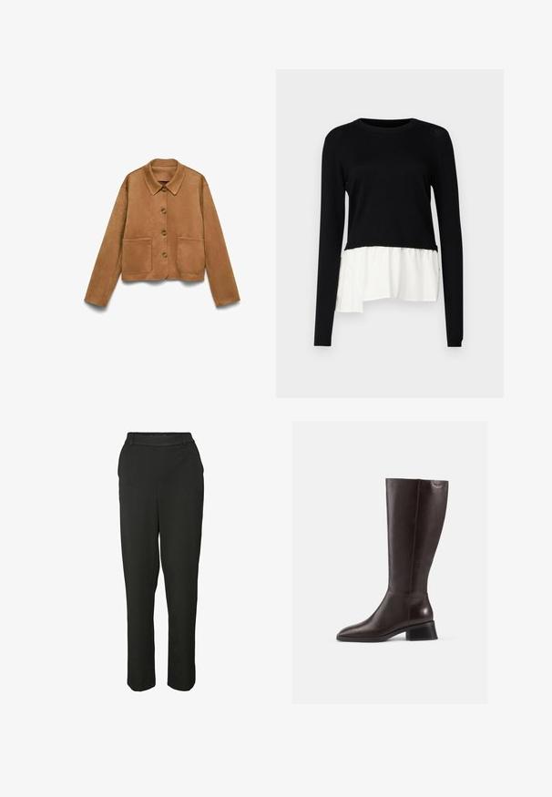 Svetle hnědá semišová bunda na knoflíky s dlouhými rukávy, límcem a dvěma předními kapsami, umístěná na bílém pozadí.; Černý top s dlouhým rukávem, který má kontrastní bílý volánkový lem, kulatý výstřih a jemnou texturu. Navržen s uvolněným střihem.; Černé kalhoty na míru vyrobené z hladkého materiálu, s rovnou nohavicovou siluetou, poutky na opasek a středně vysokým pasem. Bez viditelných detailů nebo vzorů.; Hnědé kožené boty po kolena s hladkým povrchem, kulatou špičkou a černým podpatkem. Jednoduchý design s minimem kovových detailů.