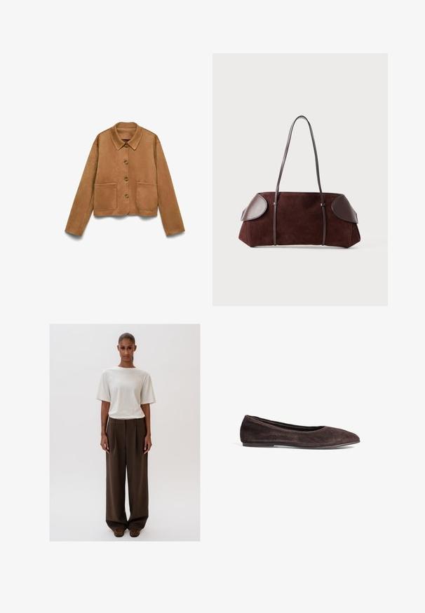 Šviesiai rudos zomšos mygtukinė striukė su ilgomis rankovėmis, apykakle ir dviem priekiniais kišenėmis, ant balto fono.; Balta trumpų rankovių palaidinė su tekstūruotu, raukšlėtu raštu ir apvalia iškirpte. Pagaminta iš minkštos medžiagos. Trumpa ilgis.; Kreminės baltos spalvos laisvai krentančios marškinėliai trumpomis rankovėmis, derinami su aukštu liemeniu ir plačiomis rudos spalvos kelnėmis. Paprastas dizainas, minkštos tekstūros.; Rudi zomšos balerinos su smailiu nosiu ir žemu profiliu. Yra lygus tekstūra ir minimalistiškas dizainas. Nėra matomų detalių ar akcentų.; Rudas zomšos maišas su odiniais akcentais, struktūrinė forma, dvi pečių rankenos ir apskriti kampai, pasižymintis lygiu paviršiumi ir minimaliais aksesuarais.