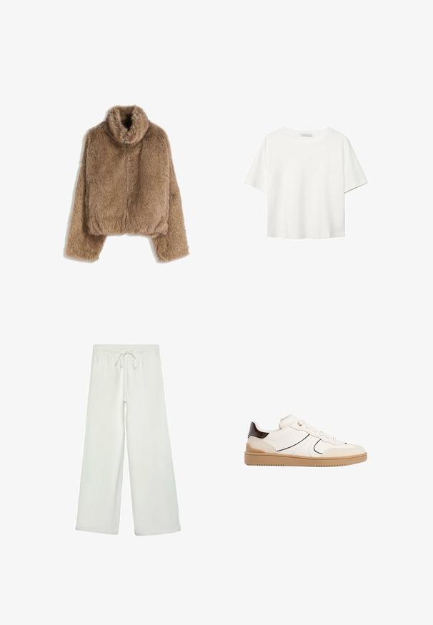Hnědá faux kožešinová bunda s dlouhými rukávy a vysokým límcem, vybavená předním zipem.; Bílý krátký rukáv tričko vyrobené z bavlny. Má kulatý výstřih a volný střih. Hladký materiál bez viditelných vzorů nebo akcentů.; Bílé kalhoty s širokými nohavicemi vyrobené z měkké tkaniny. Mají elastický pas se stahovací šňůrkou a hladkou strukturu. Žádné viditelné vzory ani kovové prvky.; Stradivarius Tenisky - white