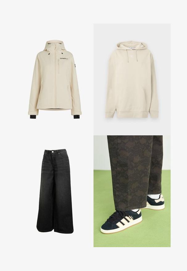 Veste imperméable beige avec capuche amovible, deux poches zippées sur les côtés et une poche zippée sur la poitrine ; comporte un logo noir et des poignets ajustables.; Sweat à capuche beige en coton, avec une poche frontale, des poignets côtelés et un petit logo blanc sur la poitrine. Texture douce.; Jean en denim noir à jambes larges avec taille haute, bouton avant, poches et logo subtil sur la poche avant.; Pantalons noirs et à motifs associés à des baskets en suède marine avec des rayures crème et des semelles blanches. Les surfaces présentées sont texturées et plates.