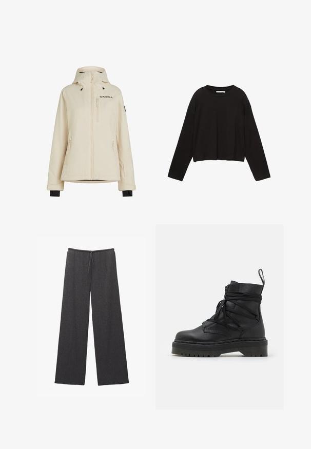 Giacca impermeabile beige con cappuccio staccabile, due tasche laterali con zip e una tasca sul petto con zip; presenta un logo nero e polsini regolabili.; Maglietta nera a maniche lunghe e corta, realizzata in morbido cotone. Presenta un collo rotondo e una vestibilità ampia con spalle cadenti. Nessun motivo o accento visibile.; Pantaloni a gamba larga in grigio scuro, con un tessuto testurizzato e una vita elastica con cordoncino. Design semplice e minimalista.; Stivale alla caviglia in pelle nera con suola sagomata e spessa, dotato di chiusura zip, design con lacci e un tassello sul retro.