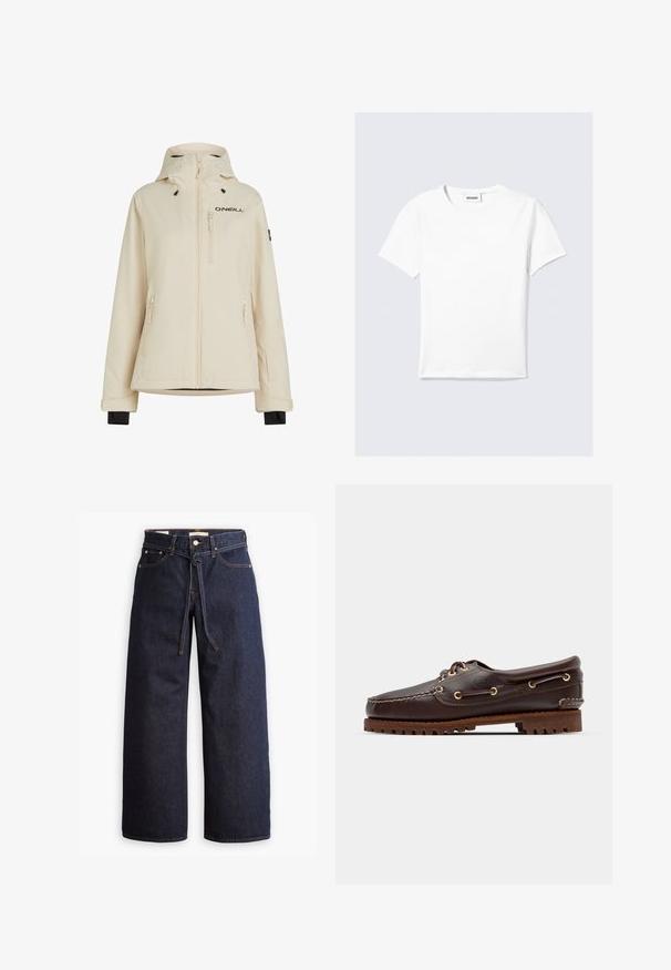 Bežinė vandeniui atspari striukė su nuimamu kauke, dviem šoninėmis užtrauktukų kišenėmis ir užtrauktuko krūtine kišene; su juodu logotipu ir reguliuojamais rankogaliais.; Balti trumpomis rankovėmis medvilniniai marškinėliai, su apvalia iškirpte ir tiesia apačia. Minimalistinio dizaino, be matomų raštų ar akcentų.; Plačios kojų tamsiai mėlynos džinsinės kelnės su aukštu liemeniu, turinčios raištį, penkias kišenes ir kontrastingas siūles.; Rudos odinės jachtų bateliai su auksinėmis akytėmis, apvaliais raiščiais ir tekstūruota ruda gumine padu. Yra siuvinėti dekoratyviniai elementai ir iškeltas logotipas.