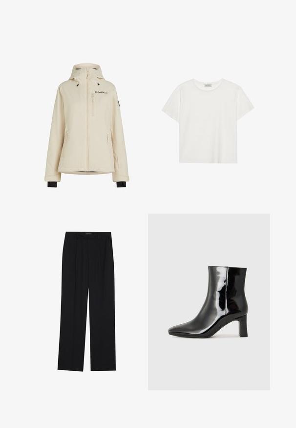 Beige waterproof jacket with a detachable hood, two side zip pockets, and a zip chest pocket; features black logo and adjustable cuffs.; White short-sleeve T-shirt made of soft cotton. Features a round neckline and relaxed fit. Clean design with no visible patterns or accents.; Black trousers with a straight-leg design, featuring two front pockets and a waistband. Made from a smooth, lightweight fabric.; Black patent leather ankle boot with a pointed toe and a mid-height block heel. Smooth texture and minimalist design.