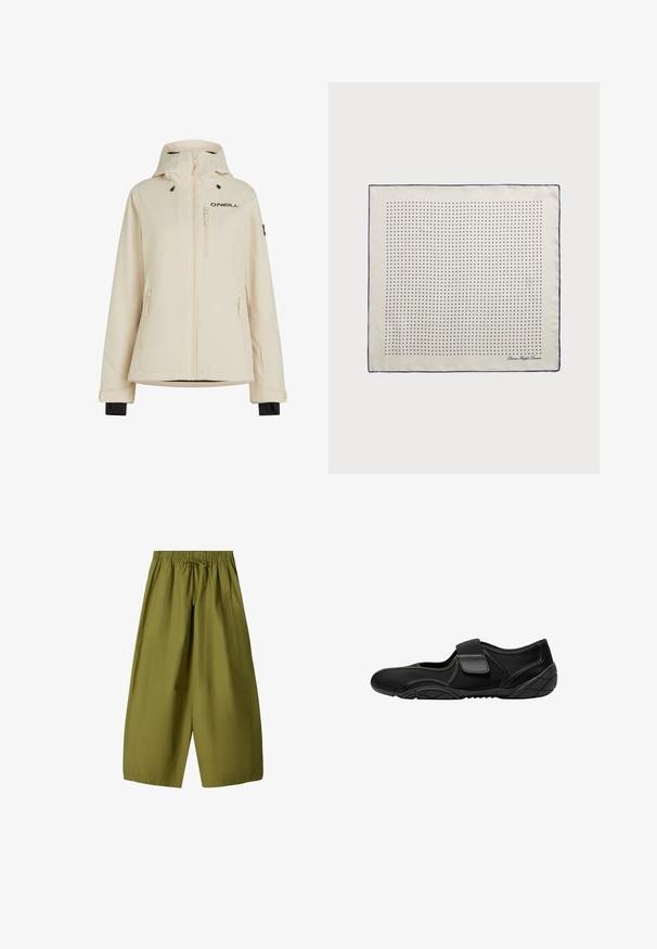 Beige vandtæt jakke med aftagelig hætte, to sidelommer med lynlås og en lynlås brystlomme; har sort logo og justerbare manchetter.; Lys grå langærmet skjorte lavet af blødt stof, med rund halsudskæring og en afslappet pasform. Syninger langs siderne.; Olivenfarvede, vide bukser med elastisk talje og snøre. Lavet af letvægtsstof, der har to sidelommer.; Sort sko med et stofoverdel og mesh-paneler, udstyret med en velcrorem. Sålens teksturerede mønster giver godt greb.; Selsjal i cremefarve med en marineblå kant, der har jævnt fordelte marineblå prikker, som danner et mønster. Signatur trykt i hjørnet.; Grøn faux læder skuldertaske med en buet form, justerbar rem og en glat tekstur. Har en åbning for oven og minimal syning.