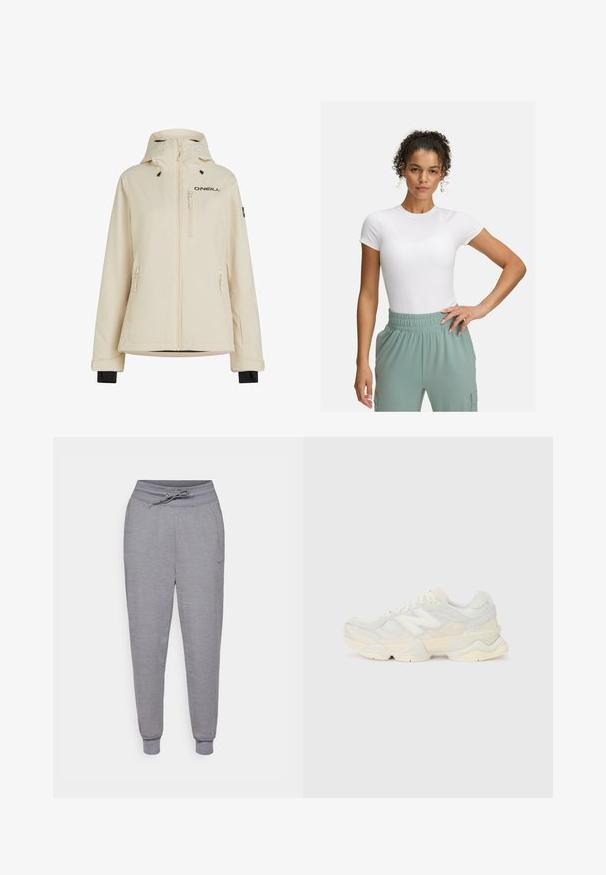 Beige waterproof jacket with a detachable hood, two side zip pockets, and a zip chest pocket; features black logo and adjustable cuffs.; White fitted t-shirt with short sleeves, paired with light green elastic waistband pants. Smooth texture, minimalist design, and no visible patterns.; Gray tapered sweatpants with a drawstring waist, elastic cuffs, and a subtle Nike logo on the left thigh. Soft, textured fabric.; Lightweight sneaker featuring a mesh and suede upper in soft cream tones, with a chunky sole and three-dimensional accents.