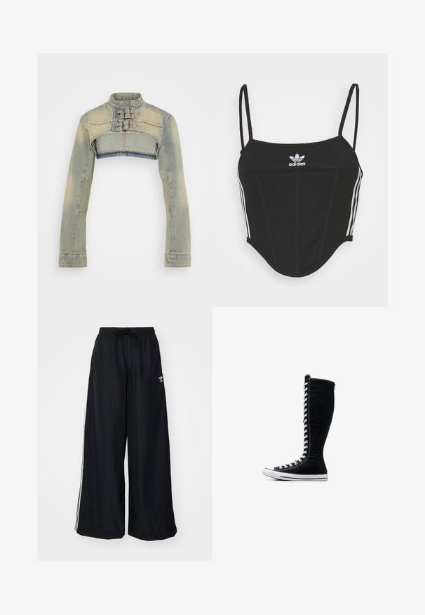 Jaqueta de denim curta em azul claro, com mangas longas, gola alta e fechos de fivela dupla na frente. Textura desbotada por toda a peça.; Top crop preto canelado com alças finas ajustáveis, apresentando três riscas brancas nas laterais e um pequeno logótipo branco da Adidas ao centro.; Calças largas pretas feitas de um tecido leve. Apresenta uma cintura elástica com cordão e riscas brancas laterais. Logótipo da marca na anca.; Tênis de cano alto pretos com um design alto, feitos de lona. Apresentam atacadores brancos, costura e uma sola de borracha com biqueira.
