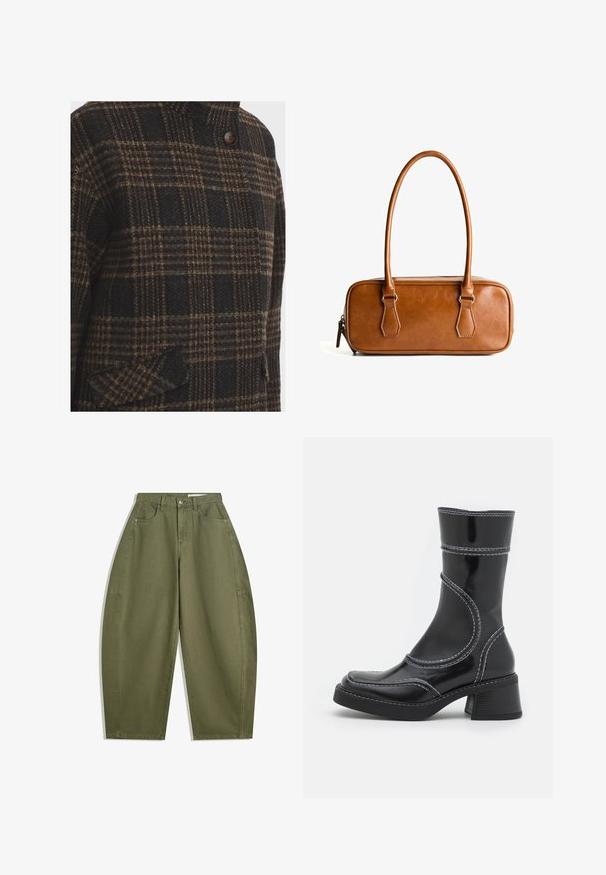 Wlněný kabát s tmavým kostkovaným vzorem v hnědých, černých a béžových odstínech; má vysoký límec a zapínání na jeden knoflík, strukturovaný povrch.; Světle šedá mikina s kapucí vyrobená z měkké tkaniny, se skrytou přední kapsou, nastavitelnou kapucí a žebrovanými manžetami a lemem.; Olivově zelené široké kalhoty z bavlny s vysokým pasem, předními kapsami a hladkou texturou. Bez ozdob nebo vzorů.; Černé lakované kotníkové boty s bílým prošíváním, kulatou špičkou a blokovým podpatkem. Charakteryzují se zakřivenými designovými liniemi a hladkým povrchem.; Hnědá kožená kabelka s dvěma dlouhými uchy, obdélníkového tvaru, hladkého povrchu, zipovým uzávěrem a akcenty z stříbrného tónu.
