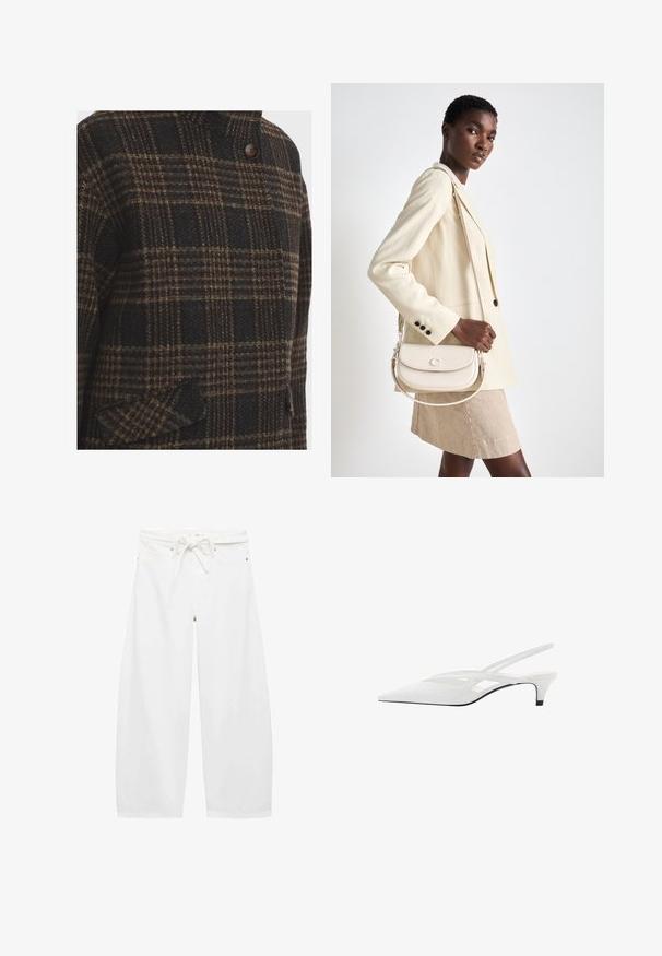 Uldfrakke i et mørkt ternet mønster med brune, sorte og beige nuancer; har høj krave og en enkelt knaplukning, struktureret overflade.; Massimo Dutti FLOWING DOUBLE FABRIC GARMENT - Top - white; Hvide brede bukser lavet af letvægtsstof, med en snoreliv, to forlommer og enkle metaldetaljer.; Hvide slingback hæle med spids tå, der har en glat overdel, subtile udskæringer og en lav blokhæl. Den sorte sål fremhæver designet.; COACH EMMY SADDLE BAG 23 - Håndtasker - chalk