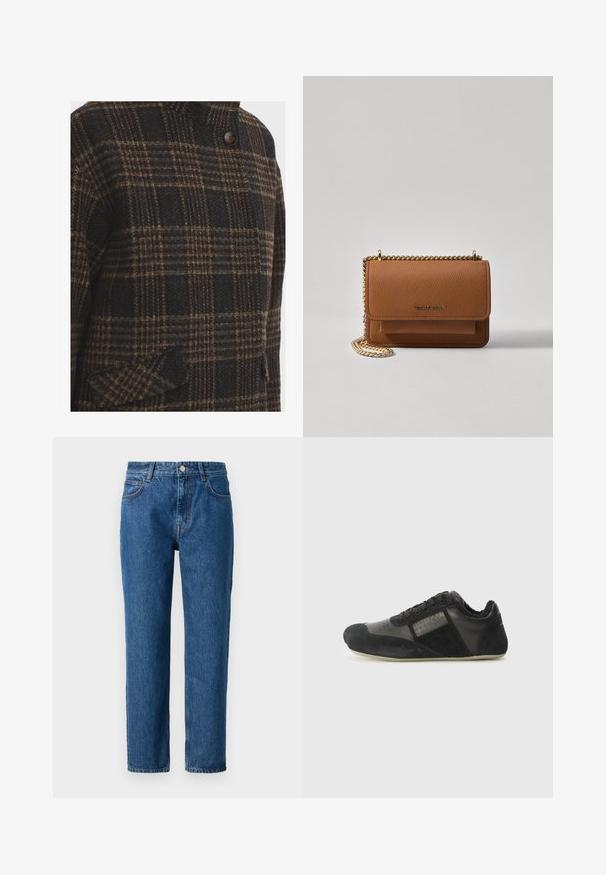 Wool coat in a dark check pattern with brown, black, and beige hues; features a high collar and a single button closure, textured finish.; Black short-sleeve t-shirt in a relaxed fit, made of soft fabric, featuring a round neckline and no prominent patterns or accents.; Blue denim jeans with a straight-leg cut, featuring a button closure, belt loops, and front pockets. Made from textured cotton fabric.; Black athletic shoe with suede and leather materials. Features a rounded toe, lace closure, textured accents, and a flexible sole.; Brown textured leather crossbody bag with gold chain strap and flap closure. Front features logo detail and a pocket under the flap.