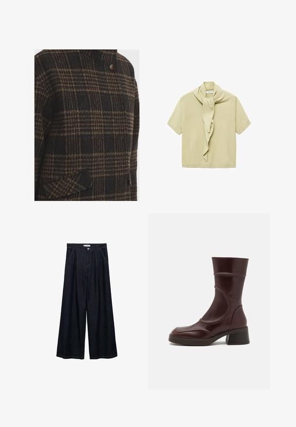 Wlněný kabát s tmavým kostkovaným vzorem v hnědých, černých a béžových odstínech; má vysoký límec a zapínání na jeden knoflík, strukturovaný povrch.; Světle béžový krátký rukáv pletený top s připevněným šátkem, který visí kolem výstřihu.; Tmavě modré široké kalhoty s vysokým pasem, které mají zapínání na přední knoflík, dvě boční kapsy a švy.; MIISTA MALENE - Kotníkové boty - brown