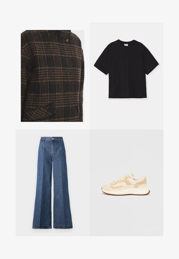 Wełniany płaszcz w ciemnym kratkowanym wzorze z brązowymi, czarnymi i beżowymi odcieniami; z wysokim kołnierzem i pojedynczym zapięciem na guzik, o fakturowanym wykończeniu.; Czarny t-shirt z krótkim rękawem wykonany z bawełny. Ma luźny krój, okrągły dekolt oraz brak widocznych wzorów lub zdobień.; Szerokie niebieskie dżinsy z wysokim stanem, wyposażone w klasyczny pięciokieszeniowy styl i zapięcie na guzik, wykonane z teksturowanej bawełny.; Beżowe sneakersy wykonane z zamszu i skóry; posiadają grubą białą podeszwę środkową, gumową podeszwę zewnętrzną oraz subtelne logo na pięcie.