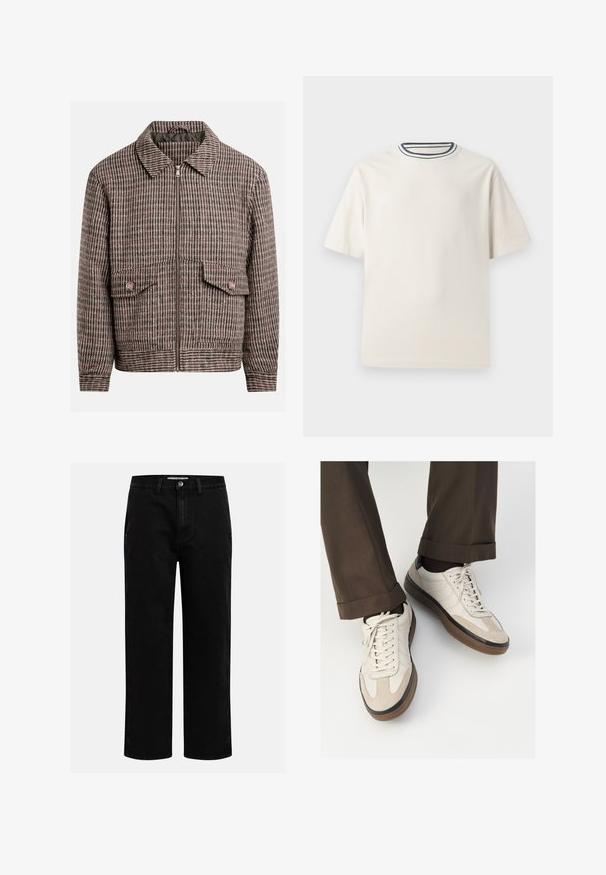 Houndstooth-patterned jacket in shades of brown and black, featuring a front zipper, two chest pockets, and a classic collar design.; Cream-colored cotton t-shirt with short sleeves, featuring a round neckline accented by navy and white stripes. Smooth texture, relaxed fit.; Black denim pants with a straight-leg cut, classic five-pocket design, and a button closure at the waist. Smooth texture and durable fabric.; Beige sneakers with a textured suede front, smooth leather sides, and a brown rubber sole. Laces and light stitching detail included.